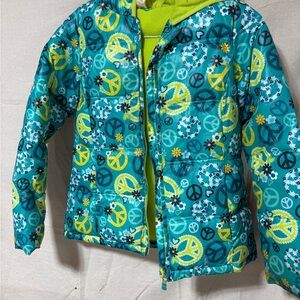Faded Glory Kids Puffer Jacket - Teal and Yellow Peace Sign Design size 10-12